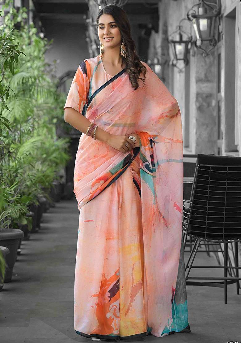 Orange Georgette Saree Set with Embroidered for Diwali | Wedding & Festive Wear - Indya