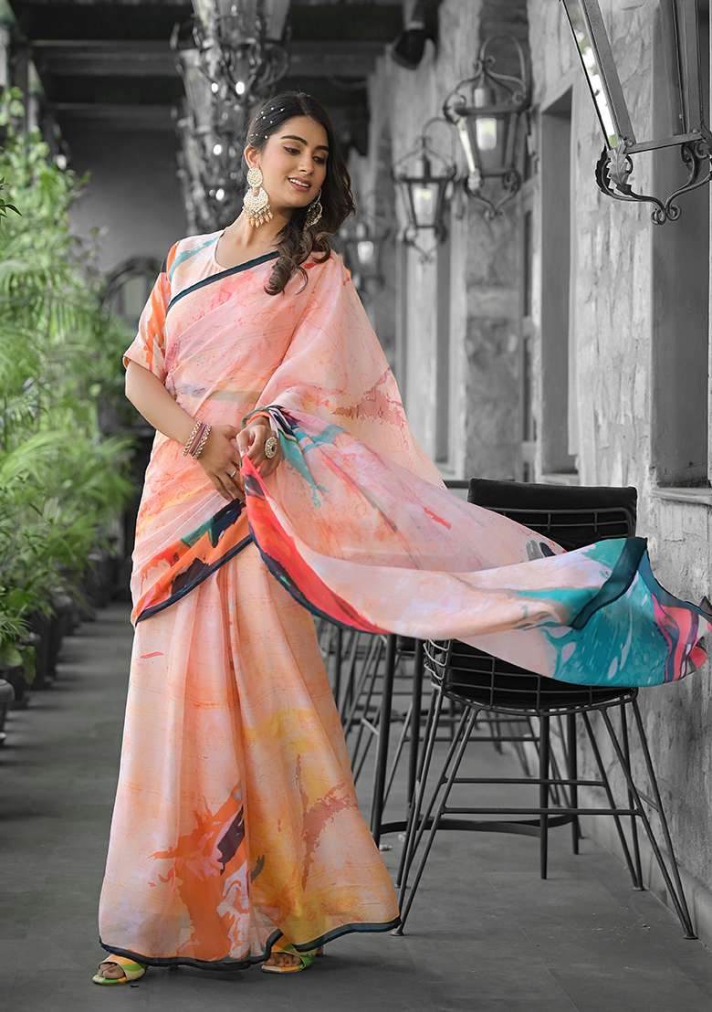 Orange Georgette Saree Set with Embroidered for Diwali | Wedding & Festive Wear - Indya