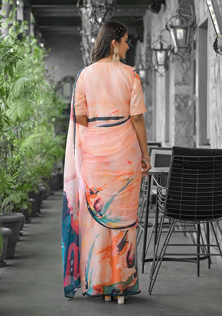 Orange Georgette Saree Set with Embroidered for Diwali | Wedding & Festive Wear - Indya