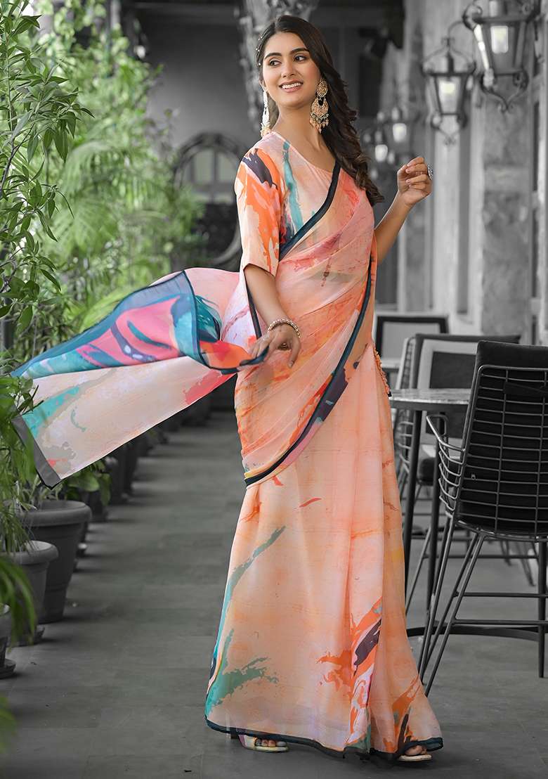 Orange Georgette Saree Set with Embroidered for Diwali | Wedding & Festive Wear - Indya