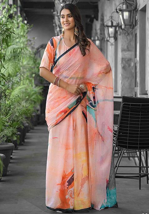 Orange Embroidered Georgette Saree Set