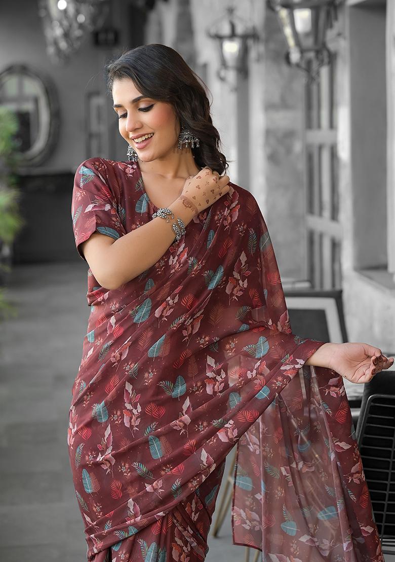Brown Embroidered Georgette Saree Set - Indya