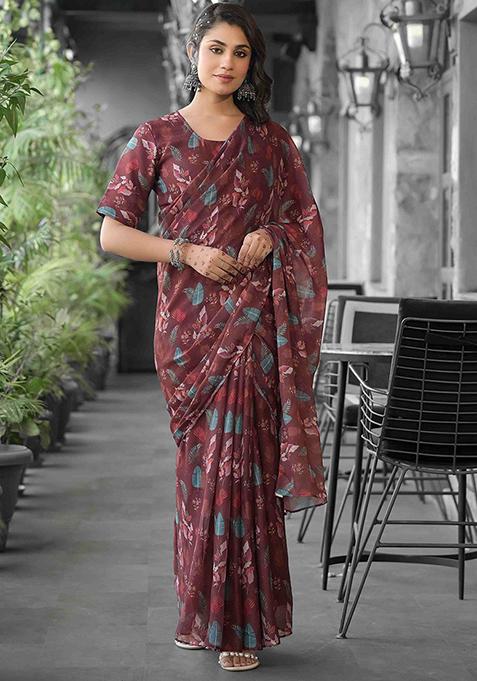 Brown Embroidered Georgette Saree Set