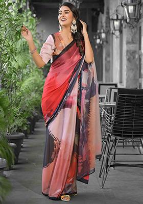 Red Embroidered Georgette Saree Set