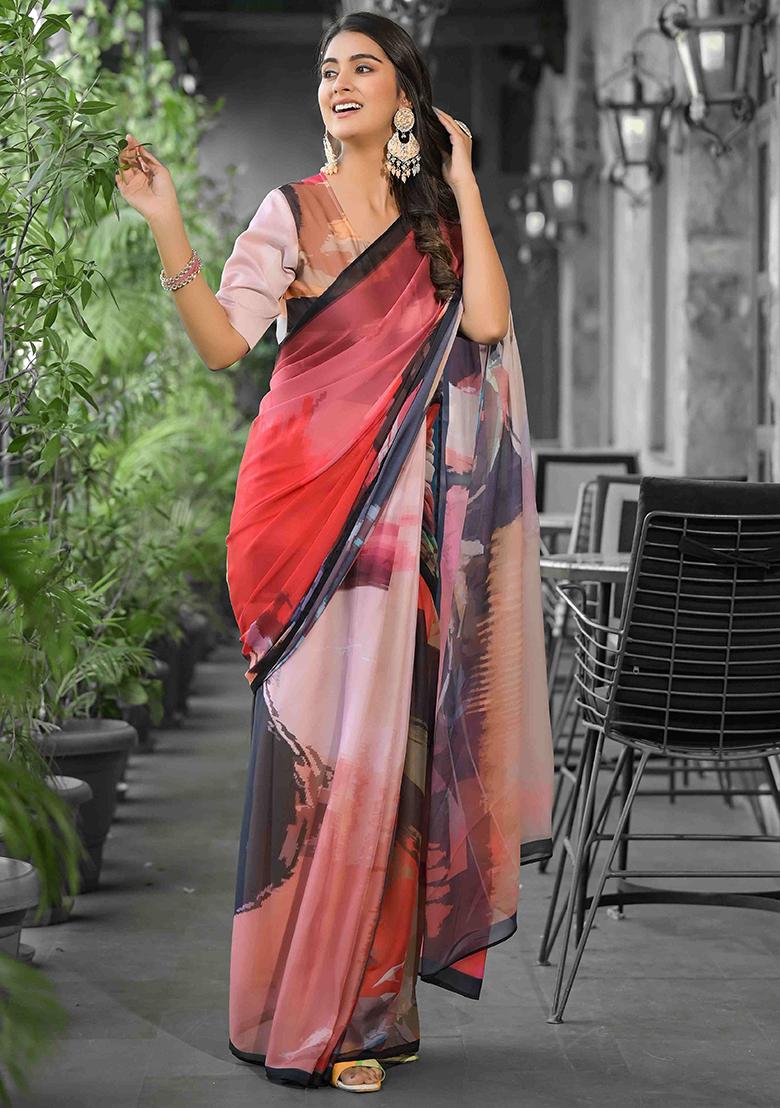 Red Embroidered Georgette Saree Set