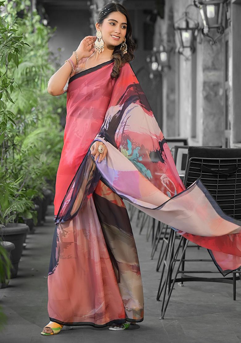 Red Embroidered Georgette Saree Set