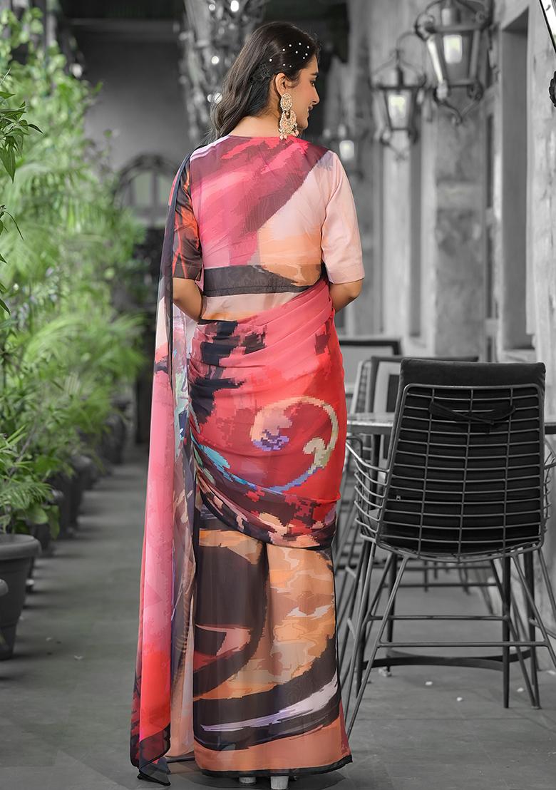 Red Embroidered Georgette Saree Set