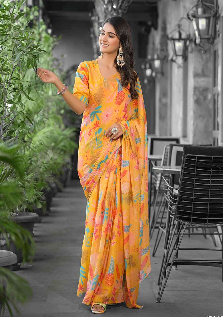 Yellow Georgette Saree Set with Embroidered for Diwali | Wedding & Festive Wear - Indya