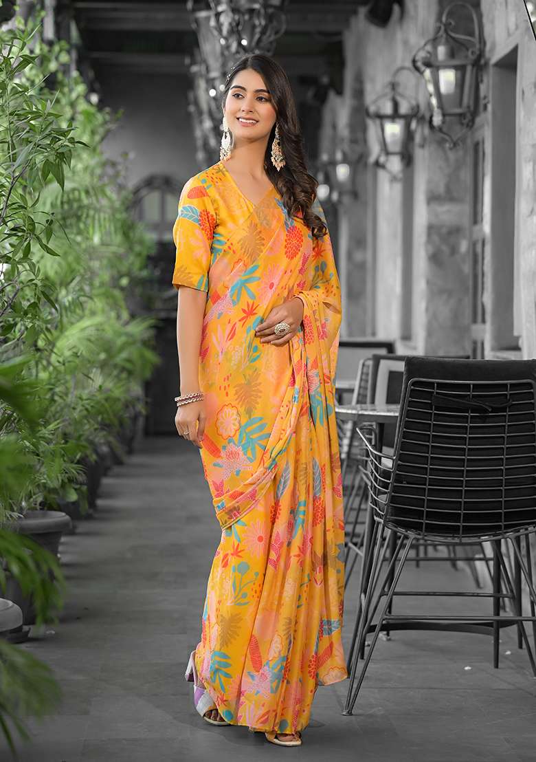 Yellow Georgette Saree Set with Embroidered for Diwali | Wedding & Festive Wear - Indya