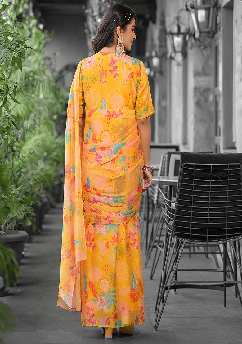 Yellow Georgette Saree Set with Embroidered for Diwali | Wedding & Festive Wear - Indya