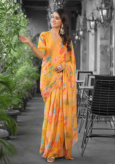 Yellow Embroidered Georgette Saree Set