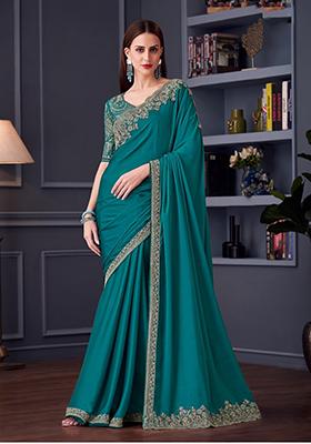 Teal Blue Embroidered Chiffon Saree Set