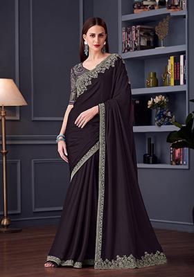 Dark Purple Embroidered Chiffon Saree Set