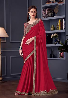 Red Embroidered Chiffon Saree Set