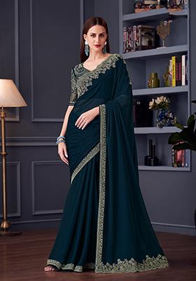 Dark Teal Blue Embroidered Chiffon Saree Set