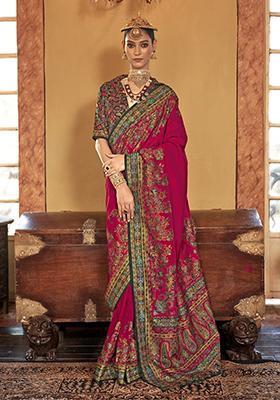 Rani Pink Printed Silk Saree Set