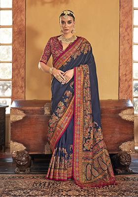 Navy Blue Printed Silk Saree Set