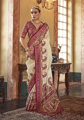 Off White Printed Silk Saree Set