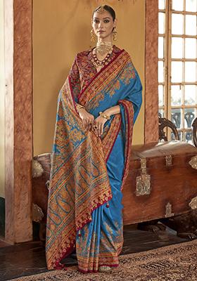 Blue Printed Silk Saree Set