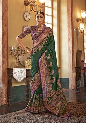 Dark Green Printed Silk Saree Set