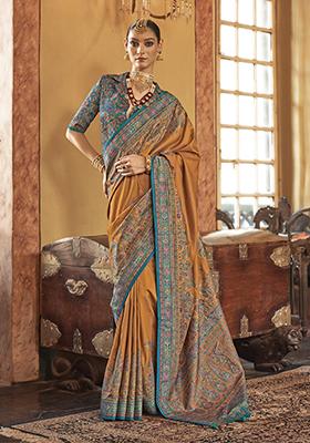 Mustard Yellow Printed Silk Saree Set