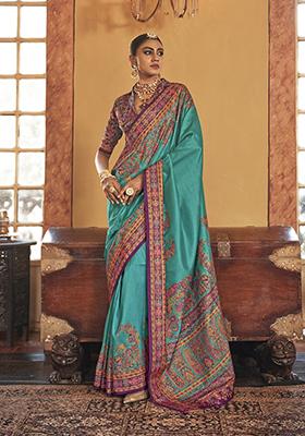 Turquoise Blue Printed Silk Saree Set
