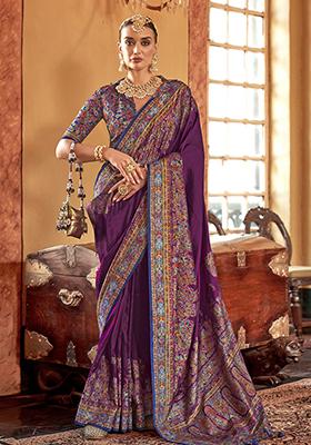 Dark Purple Printed Silk Saree Set