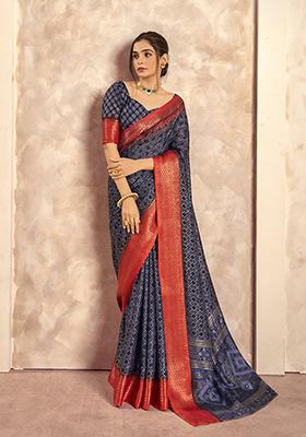 Navy Blue Foil Print Silk Saree Set