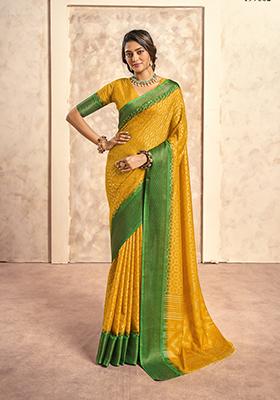 Yellow Foil Print Silk Saree Set