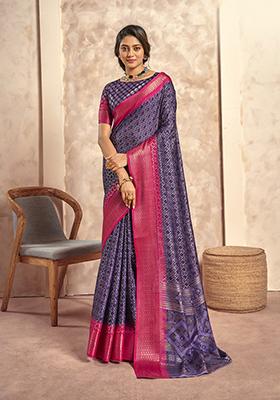 Purple Foil Print Silk Saree Set