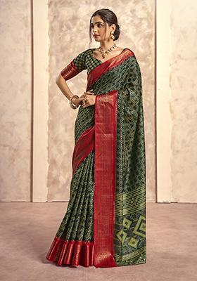 Dark Green Foil Print Silk Saree Set