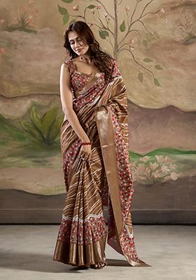 Brown Weaving Work Dola Silk Saree Set