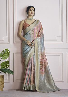 Multicolor Digital Print Silk Saree Set