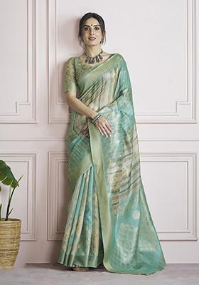 Turquoise Blue Digital Print Silk Saree Set