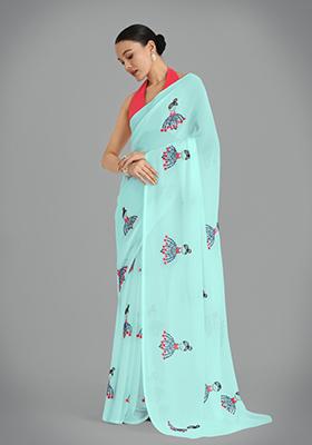 Sky Blue Thread Work  Georgette Saree Set