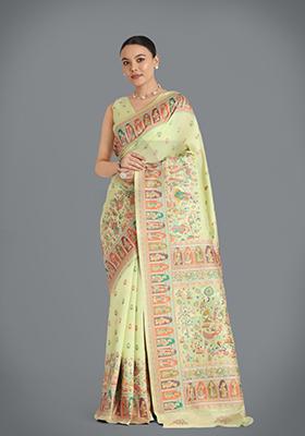 Pista Green Zari Embroidered Pashmina Silk Saree Set