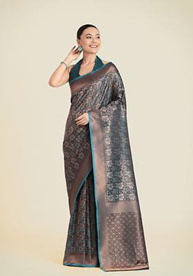 Teal Blue Zari Embroidered Banarasi Silk Saree Set