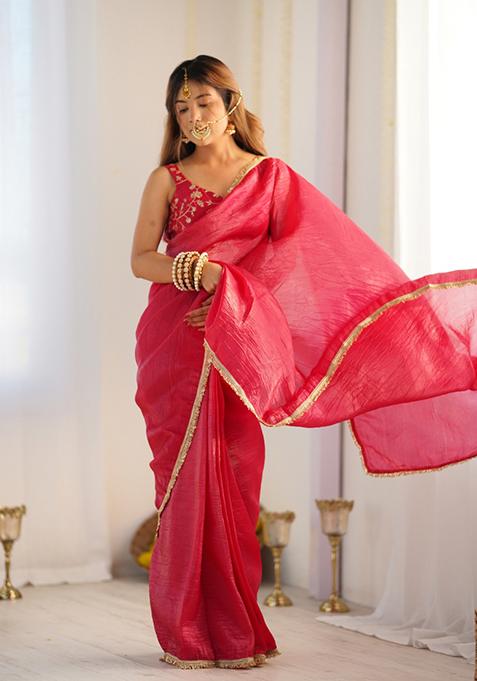 Pink Zari Embroidered Silk Saree Set