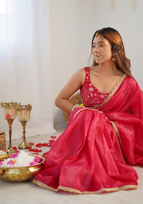 Pink Zari Embroidered Silk Saree Set