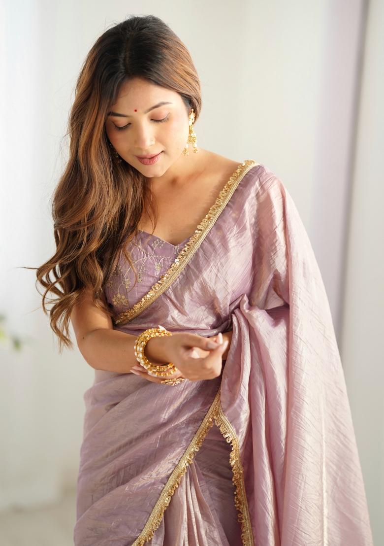Lavender Zari Embroidered Silk Saree Set