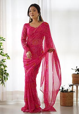 Pink Printed Georgette Saree Set
