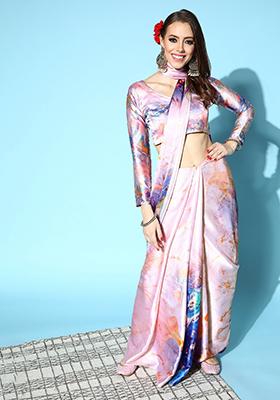 Baby Pink Printed Satin Saree