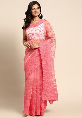 Red Embroidered Organza Saree Set