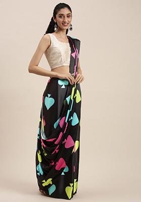 Black Printed Satin Saree Set