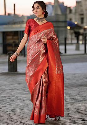Rust Brown Embroidered Poly Silk Saree Set