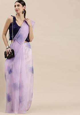 Lavender Printed Organza Saree Set