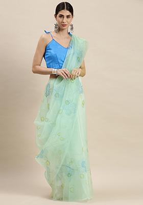 Sea Green Printed Organza Saree Set