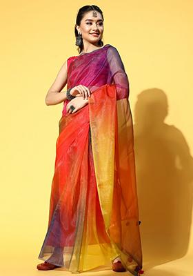 Multi Colour Printed Organza Saree Set
