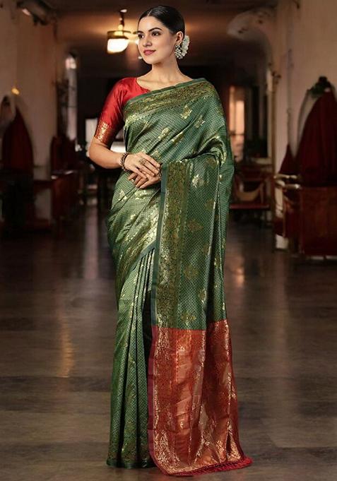 Green Woven Banarasi Silk Saree Set