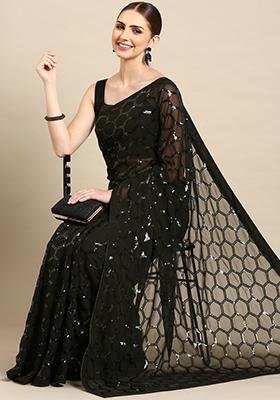 Black Embroidered Georgette Saree Set